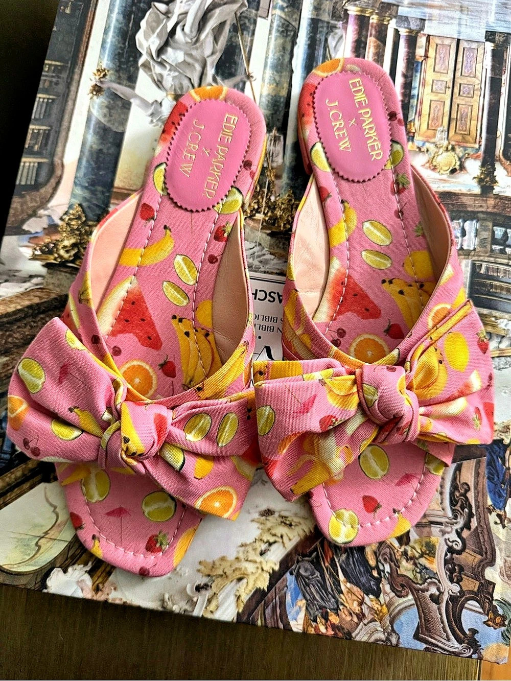J.Crew Edie Parker x J.Crew Bow Slide Sandals in Fruit Punch